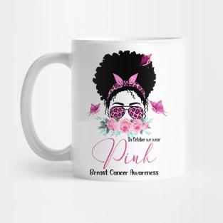 Pink Ribbon Breast Cancer Awareness Messy Bun Black Women Mug